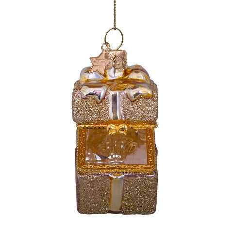 Ornament gold present w/ opening