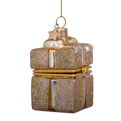 Ornament gold present w/ opening