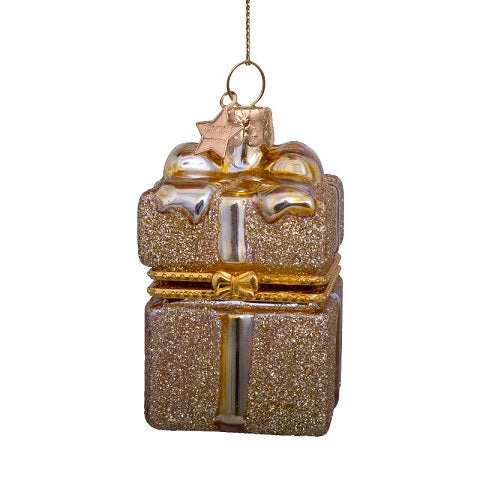 Ornament gold present w/ opening