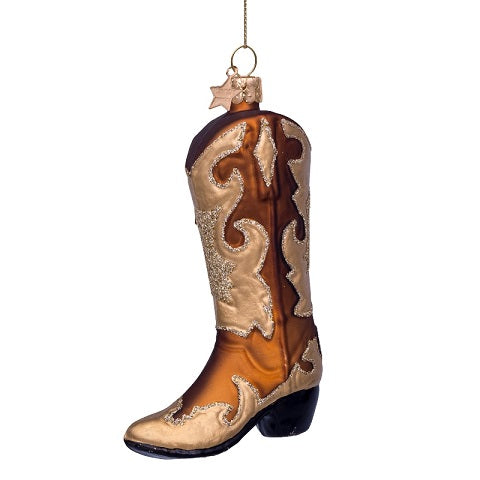 Ornament brown w/gold glitter Cowboy boot